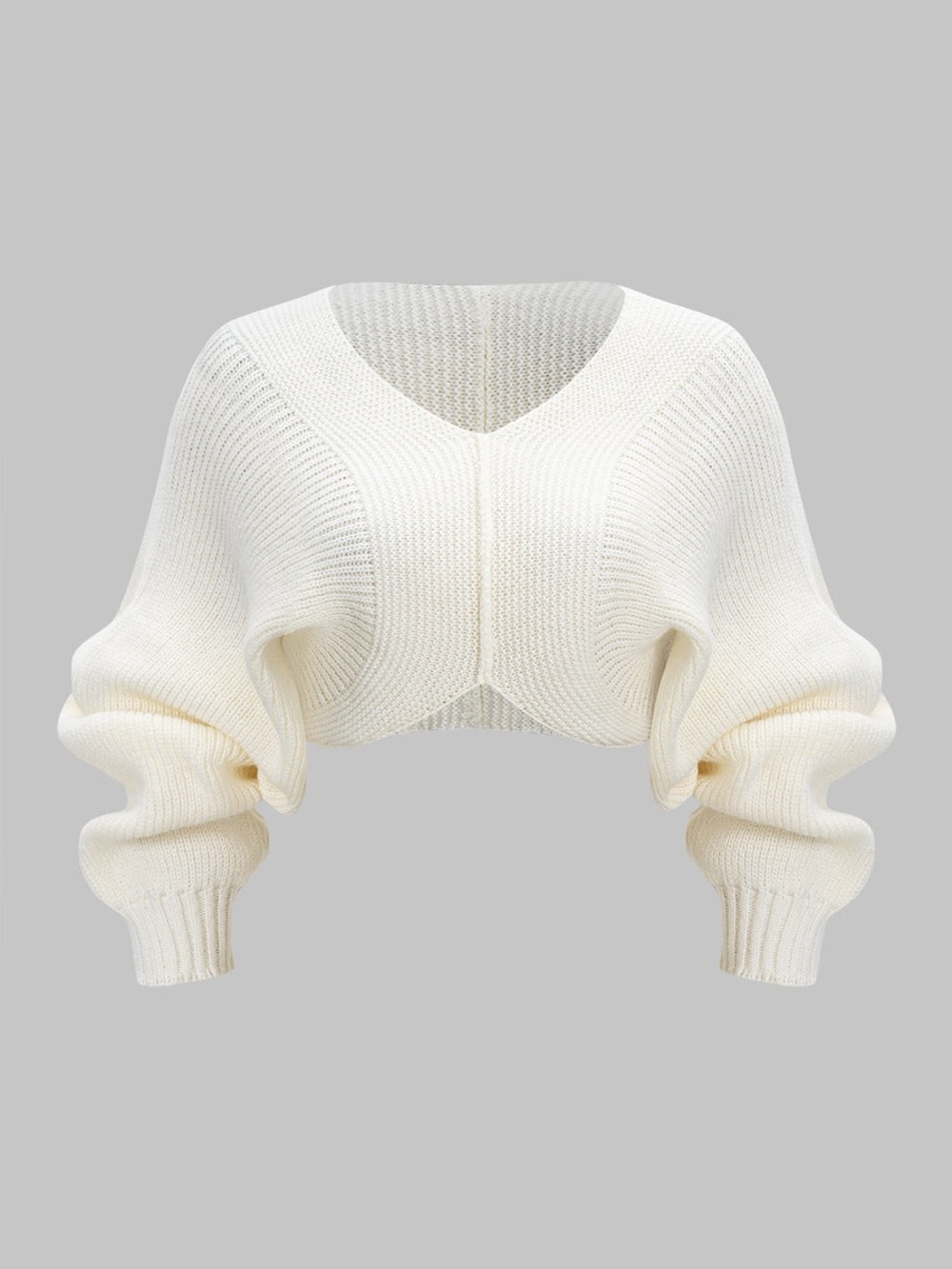 Micas Cropped V-Neck Balloon Sleeve Sweater in Ivory